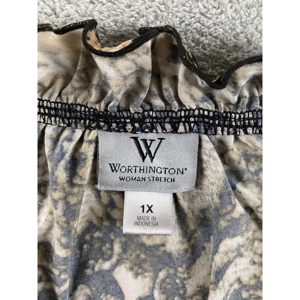 Worthington Woman Stretch Snakeskin Print Ruffle Tie Neck Blouse Plus 1X Brown - Picture 3 of 13